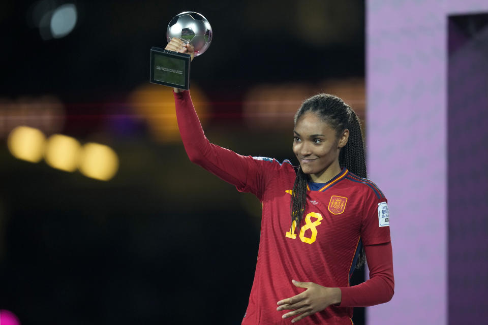 Spain's Salma Paralluelo reacts after receiving the Best Young Player award at the end of the Women's World Cup soccer final between Spain and England at Stadium Australia in Sydney, Australia, Sunday, Aug. 20, 2023. Spain won 1-0. (AP Photo/Abbie Parr)