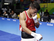 <p>Ecuador’s Carlos Eduardo Quipo Pilataxi cries as he walks off after losing a match against United State’s Nico Miguel Hernandez during a men’s light flyweight 49-kg quarterfinals boxing match at the 2016 Summer Olympics in Rio de Janeiro, Brazil, Wednesday, Aug. 10, 2016. (AP Photo/Frank Franklin II) </p>
