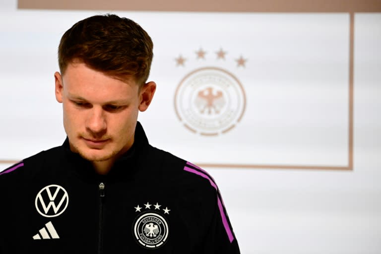 Goalkeeper Alexander Nuebel attending a press conference during a training camp for the German national football team ahead of Euro 2024 on May 29, 2024 (Tobias SCHWARZ)