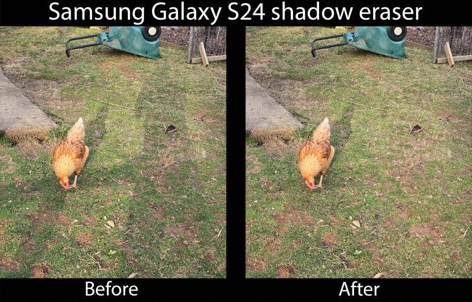 Comparing before and after using the shadow eraser on the Samsung Galaxy S24 Ultra