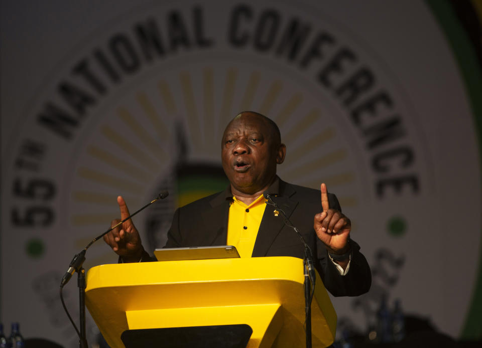 President of the African National Congress Cyril Ramaphosa gives a closing address at the end of the 55th National Conference in Johannesburg, South Africa, Tuesday, Dec. 20, 2022. (AP Photo/Denis Farrell)