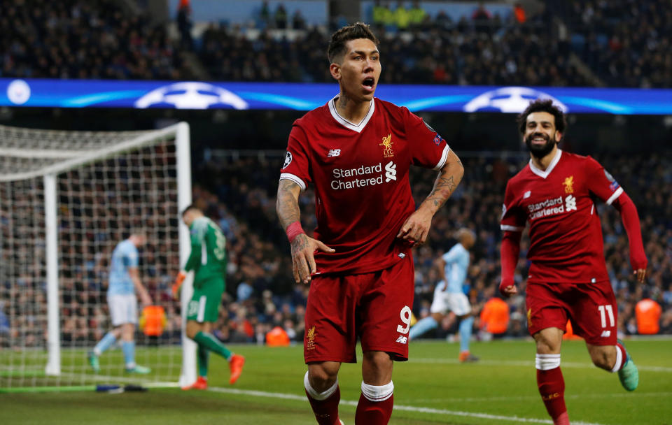 Roberto Firmino celebrates his goal that all but sealed Liverpool’s aggregate victory over Manchester City in the Champions League. (Getty)