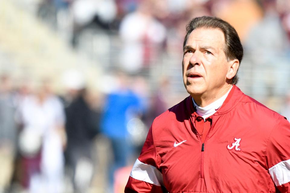 Nov 16, 2019; Starkville, MS, USA; Alabama Crimson Tide head coach Nick Saban walks on the field before the game against the Mississippi State Bulldogs at Davis Wade Stadium. Mandatory Credit: Matt Bush-USA TODAY Sports