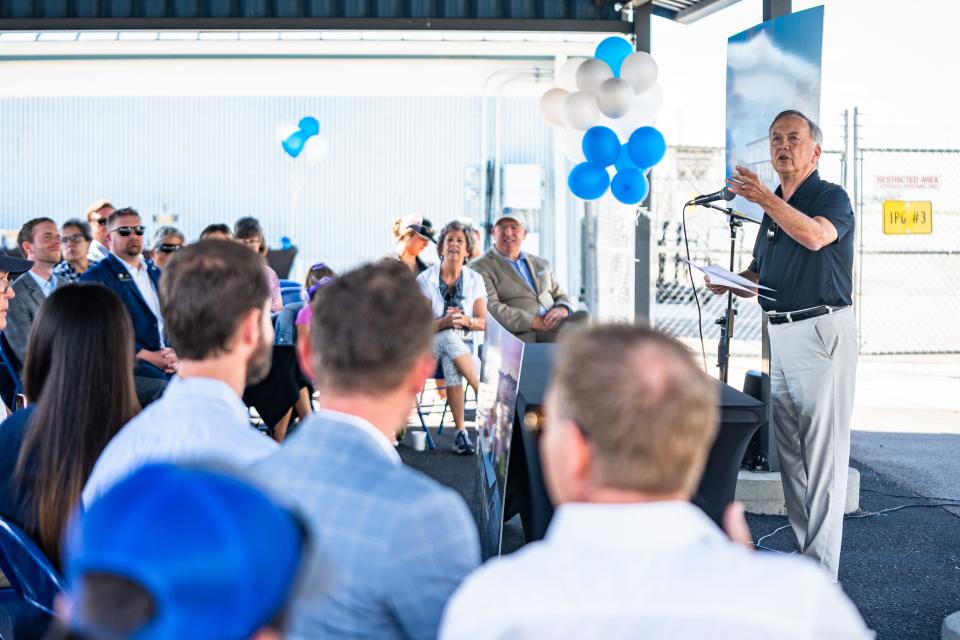 Don Overcash, Northern Colorado Regional Airport Commission chair and Loveland Mayor Pro Tem, gives remarks at a groundbreaking ceremony for a new terminal at the airport on Thursday, July 13, 2023, in Loveland, Colo.