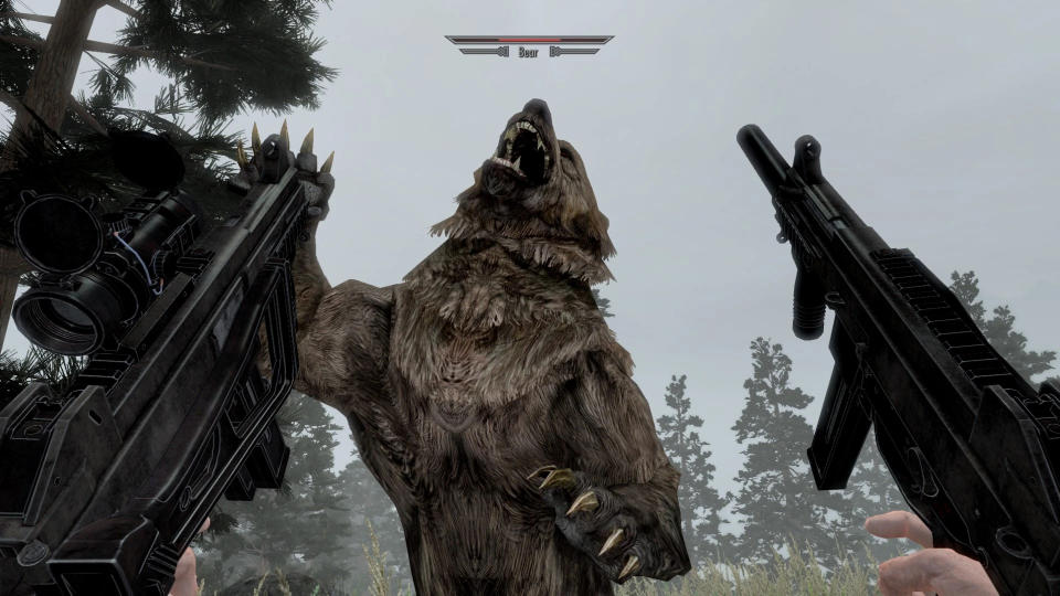 A bear rears up and swipes at the player-character, who is dual-wielding submachine guns, in Skyrim.