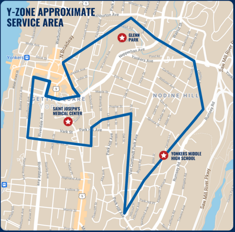 The Y-Zone area is an underserved area in downtown Yonkers where up to 500 households are being connected with free internet until October 2022. To participate, residents must live in the area from Glenn Park to Park Hill Avenue and from downtown Yonkers to Nodine Hill.