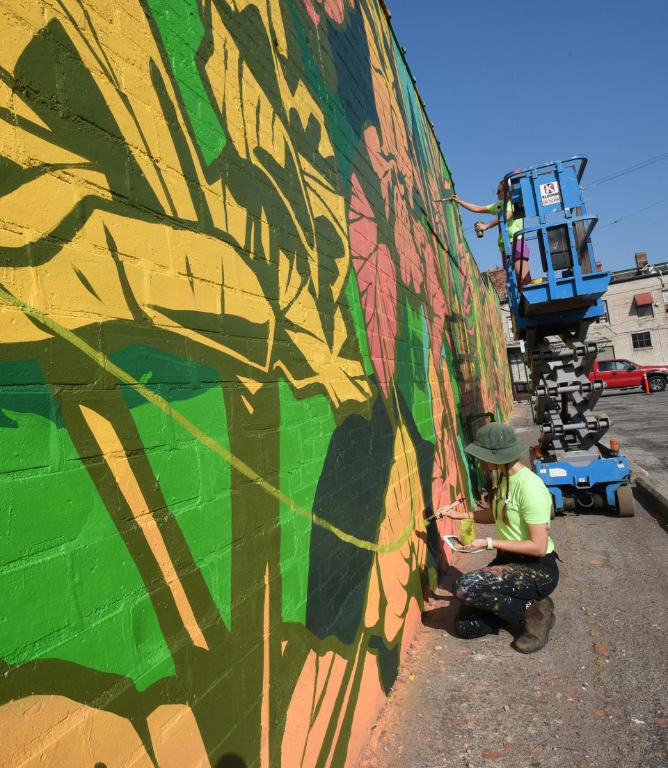 Artist George Rose of Austraila (foreground) with the help of artist Presley Bergmooser of Monroe finish up painting the large abstract mural on the wall of Logan Charles Salon in downtown Monroe as part of the Plnting Seeds program. The abstract painting features the Michigan monkeyflower and the inland pigface flower from Australia.