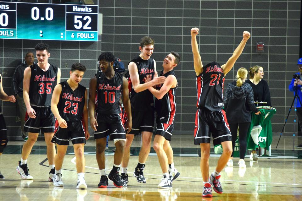 Happy Hiland players show their elation after coming from 16 down in the first half to tame the Northside Christian Lions and advance to the 13th state tournament in school history.