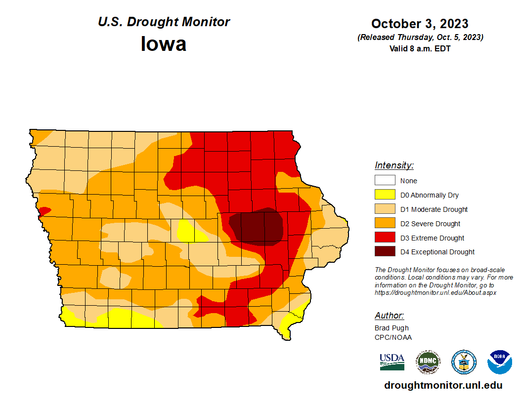 The portion of Iowa experiencing exceptional drought is expanding.