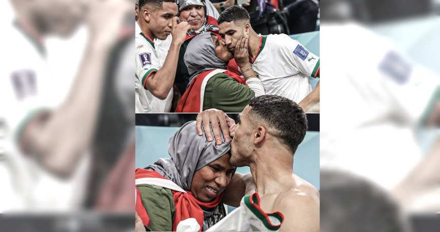 對戰比利時獲勝後，摩洛哥後衛哈基米衝上觀眾席親吻母親。（圖／翻攝自推特）