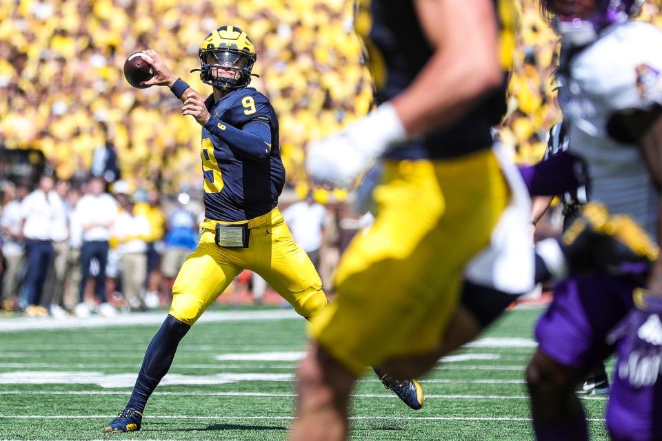 Michigan quarterback J.J. McCarthy (9) makes a pass against East Carolina during the first half at Michigan Stadium in Ann Arbor on Saturday, Sept. 2, 2023.