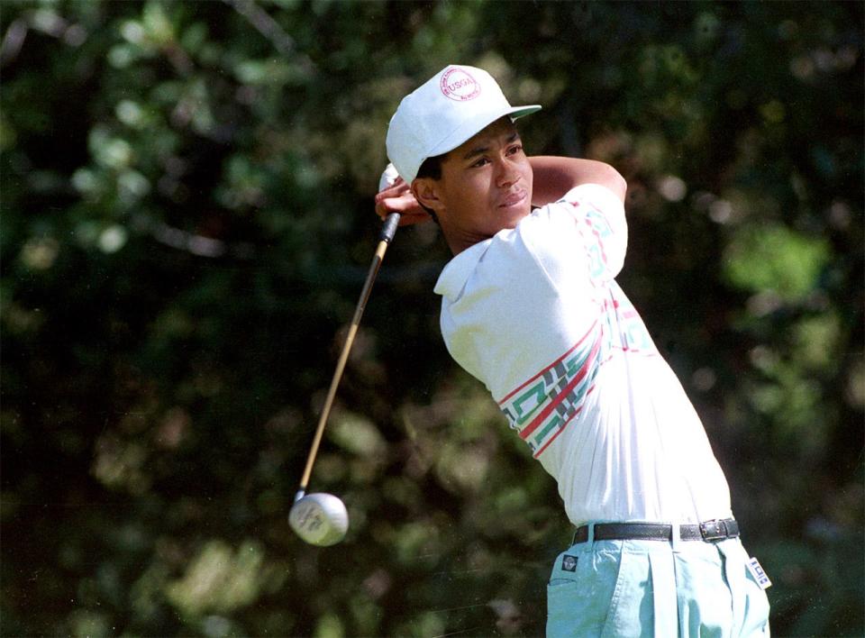 Tiger Woods his a tee shot at No. 12 during the 1992 Los Angeles Open. He played in his first PGA Tour event there at the age of 16.