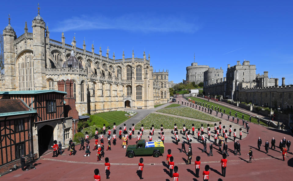 WINDSOR, UNITED KINGDOM - APRIL 17: (EMBARGOED FOR PUBLICATION IN UK NEWSPAPERS UNTIL 24 HOURS AFTER CREATE DATE AND TIME) Prince Charles, Prince of Wales, Princess Anne, Princess Royal, Prince Andrew, Duke of York, Prince Edward, Earl of Wessex, Prince William, Duke of Cambridge, Peter Phillips, Prince Harry, Duke of Sussex, David Armstrong-Jones, 2nd Earl of Snowdon and Vice Admiral Sir Timothy Laurence follow Prince Philip, Duke of Edinburgh's coffin (draped in his Royal Standard Flag and bearing his Royal Navy cap, sword and a bouquet of lilies, white roses, freesia and sweet peas) as it is carried on a specially designed Land Rover Defender hearse during his funeral procession to St. George's Chapel, Windsor Castle on April 17, 2021 in Windsor, England. Prince Philip of Greece and Denmark was born 10 June 1921, in Greece. He served in the British Royal Navy and fought in WWII. He married the then Princess Elizabeth on 20 November 1947 and was created Duke of Edinburgh, Earl of Merioneth, and Baron Greenwich by King VI. He served as Prince Consort to Queen Elizabeth II until his death on April 9 2021, months short of his 100th birthday. His funeral takes place today at Windsor Castle with only 30 guests invited due to Coronavirus pandemic restrictions. (Photo by Pool/Max Mumby/Getty Images)