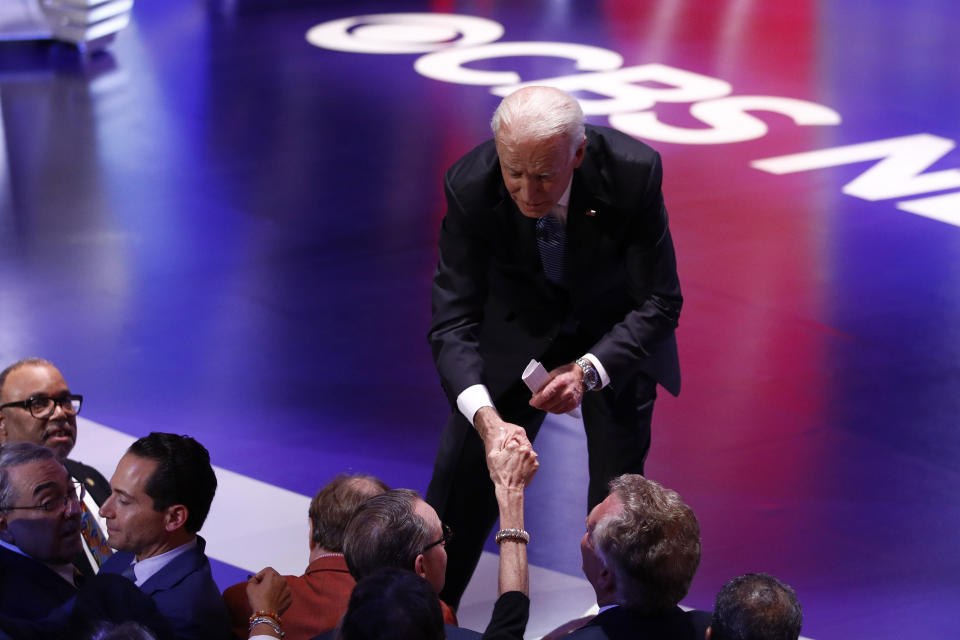 Democratic presidential candidates former Vice President Joe Biden, greets people after a Democratic presidential primary debate at the Gaillard Center, Tuesday, Feb. 25, 2020, in Charleston, S.C., co-hosted by CBS News and the Congressional Black Caucus Institute. (AP Photo/Patrick Semansky)