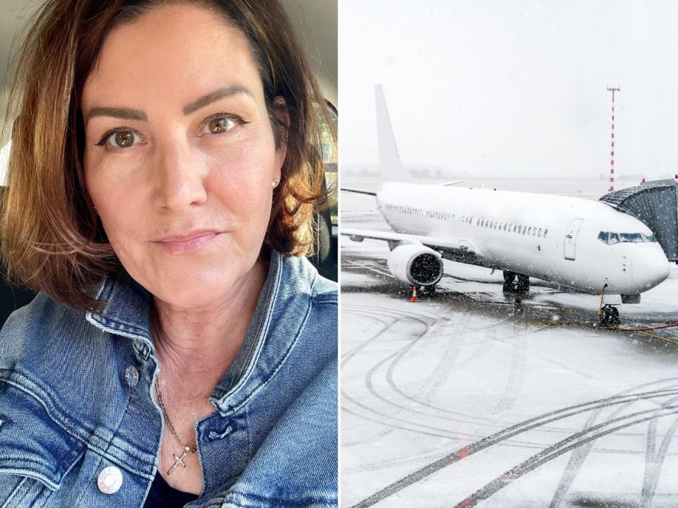 Side-by-side images of a flight attendant and a plane covered in snow.