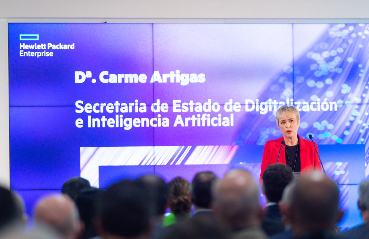 Spain's Secretary of State for Digitalization and Artificial Intelligence, Carme Artigas, speaks in the inauguration of the Global Center of Excellence and Artificial Intelligence and Data of Hewlett Packard Enterprise, on April 5, 2022, in Las Rozas, Madrid, Spain. (Photo By Gustavo Valiente/Europa Press via Getty Images)