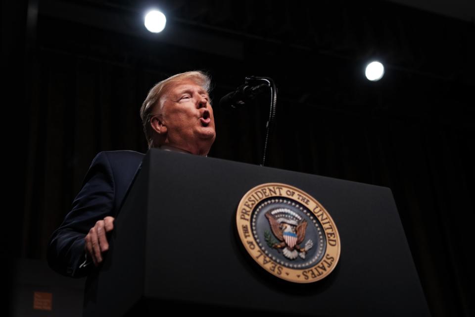 US President Donald Trump speaks at the Economic Club of New York on November 12, 2019 in New York City. Trump, speaking to business leaders and others in the financial community, spoke about the state of the U.S. economy and the prolonged trade talks with China.