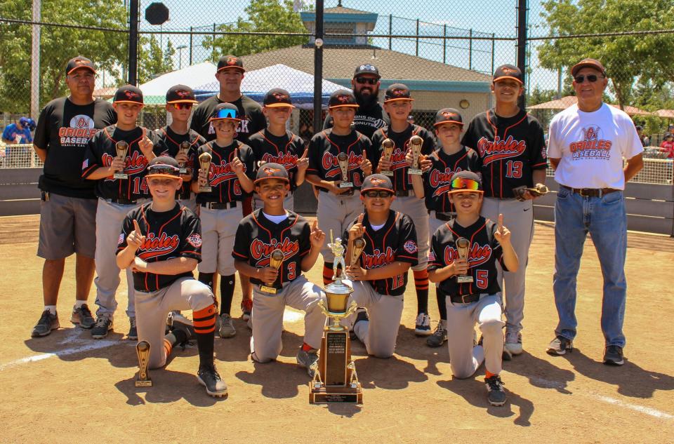 The Orioles won the 2022 Visalia Cal Ripken Majors Division championship on May 7 with an 8-3 win over the Rangers. The Orioles finished with an overall record of 19-2, winning the last 17 games in a row. The championship team, back row, left to right: coach Richard Zuniga, coach Marc Griffiths, coach James Derryberry, manager Frank Durazo; middle row, left to right: Parker Schultz, Keaton Yandell, Tristen Ritchie, Pierce Ramos, Matteo Zuniga, Ty Derryberry, James Bahrenburg, Cadillac Pina; front row, left to right: Jaxon Cooper, Jayven Allen, William Graves, and Finn Griffiths.