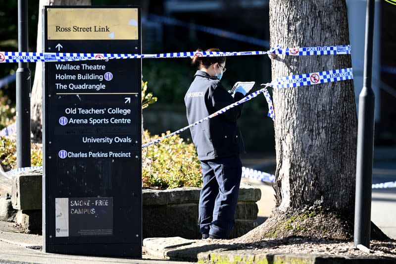 NSW Police and Forensic investigators work at the scene of an alleged stabbing at University of Sydney