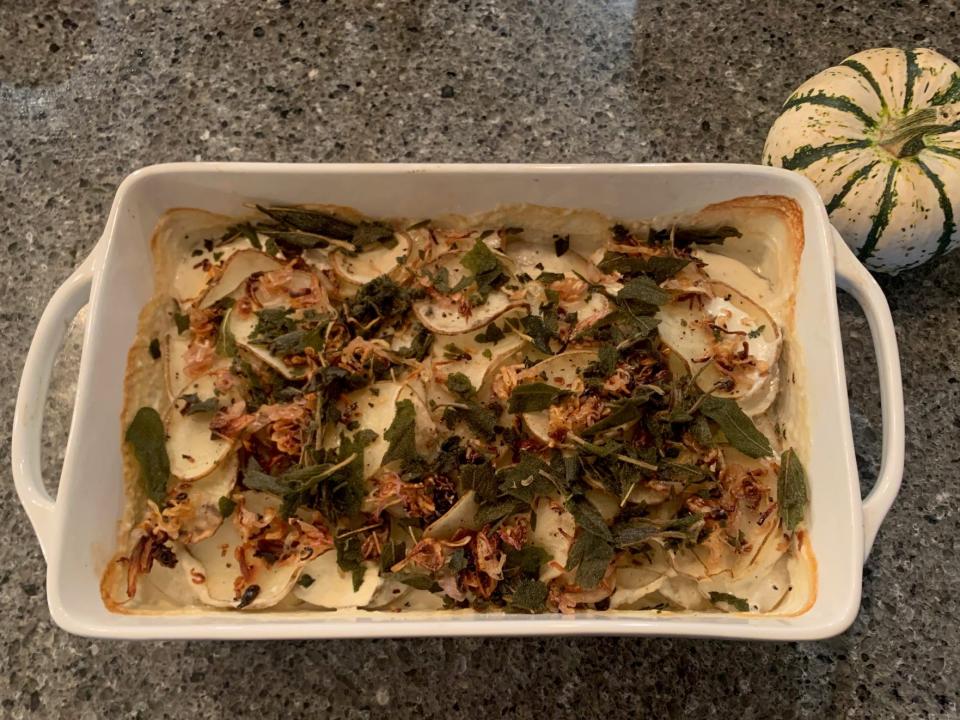 potato gratin with crispy red onions and fried sage