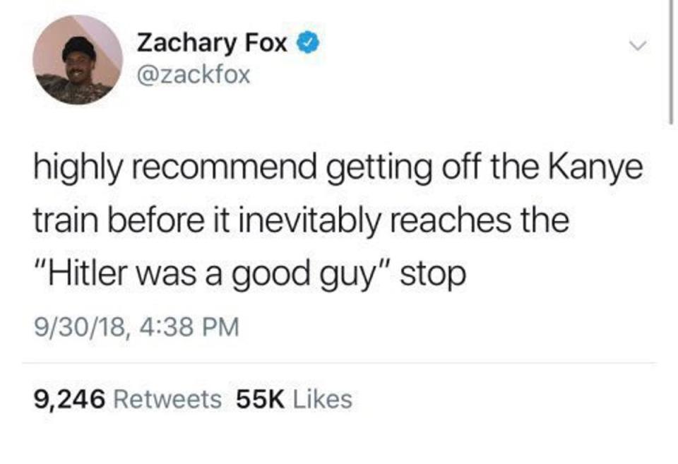 Zack Fox’s 2018 tweet about Kanye West liking Hitler (Twitter)
