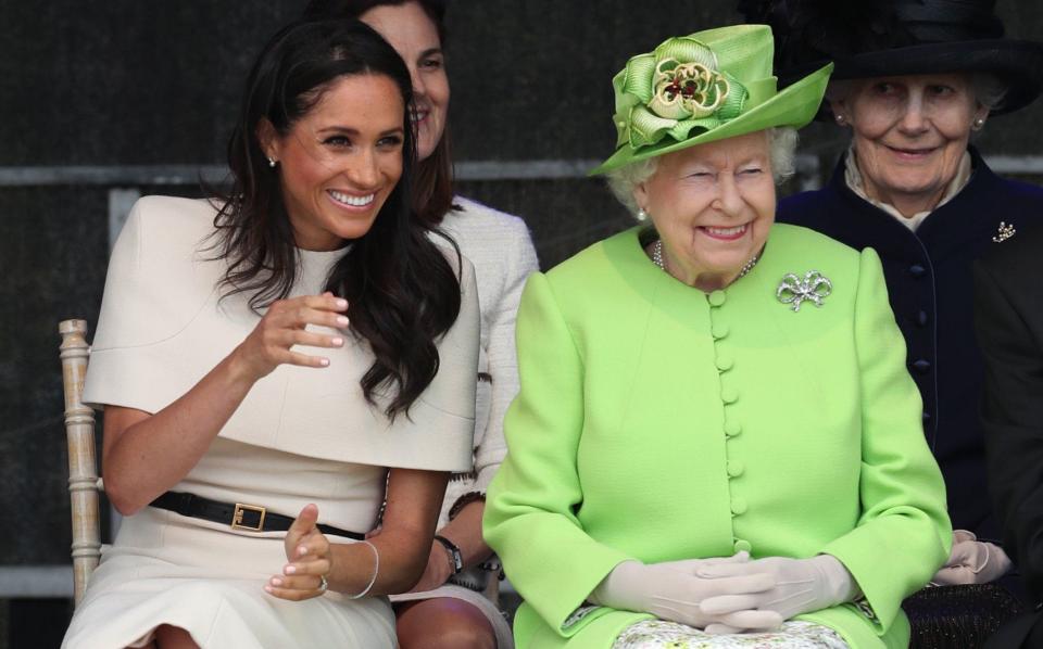 Queen Elizabeth II and the Duchess of Sussex in 2018 at the opening of the new Mersey Gateway Bridge, Cheshire - Danny Lawson/PA