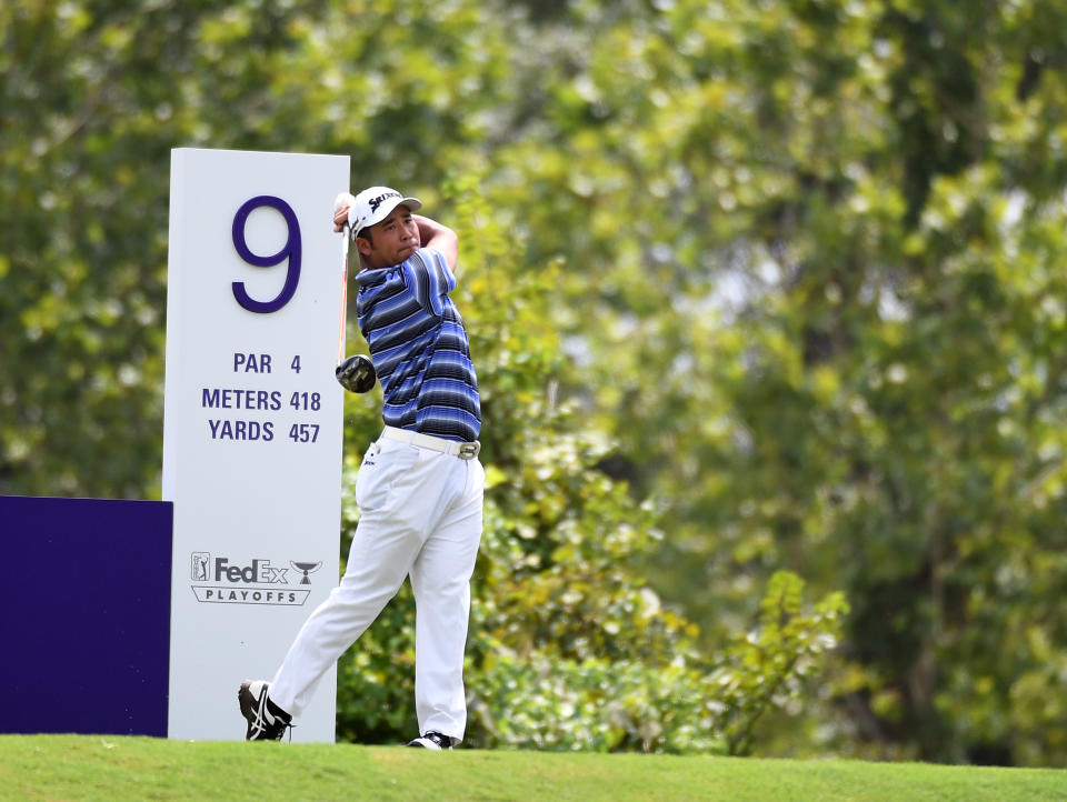 Hideki Matsuyama hits his tee shot on the ninth hole during the second round of the FedEx St. Jude Championship golf tournament. (Photo: Christopher Hanewinckel-USA TODAY Sports)