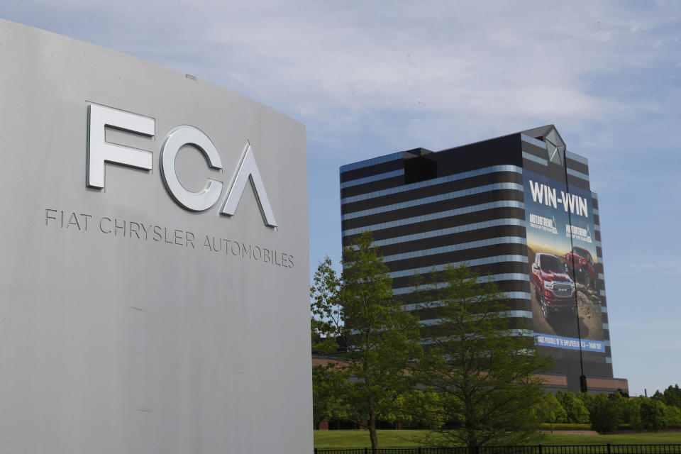 FILE - This May 27, 2019, file photo shows the Fiat Chrysler Automobiles world headquarters in Auburn Hills, Mich. A federal judge in Detroit dismissed General Motors’ lawsuit Wednesday, July 8, 2020, alleging that rival Fiat Chrysler paid off union leaders to get better contract terms than GM. (AP Photo/Paul Sancya, File)