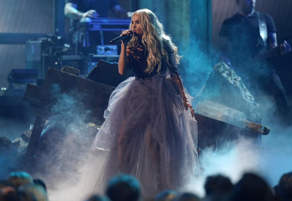 FILE - Carrie Underwood performs "If I Didn't Love You" at the 55th annual CMA Awards on Wednesday, Nov. 10, 2021, in Nashville, Tenn. Underwood turns 39 on March 10. (AP Photo/Mark Humphrey)