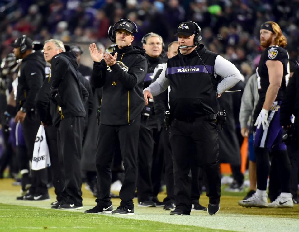 Dec 30, 2018; Baltimore, MD, USA; Baltimore Ravens head coach John Harbaugh (left) and defensive coordinator Don Martindale (right) look on in the fourth quarter against the Cleveland Browns at M&T Bank Stadium. Mandatory Credit: Evan Habeeb-USA TODAY Sports