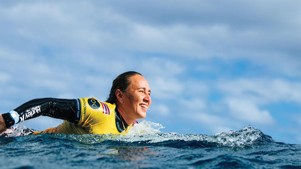 Carissa Moore of the U.S., who took gold at the 2021 Olympics, at the Tahiti Pro in Teahupo’o.