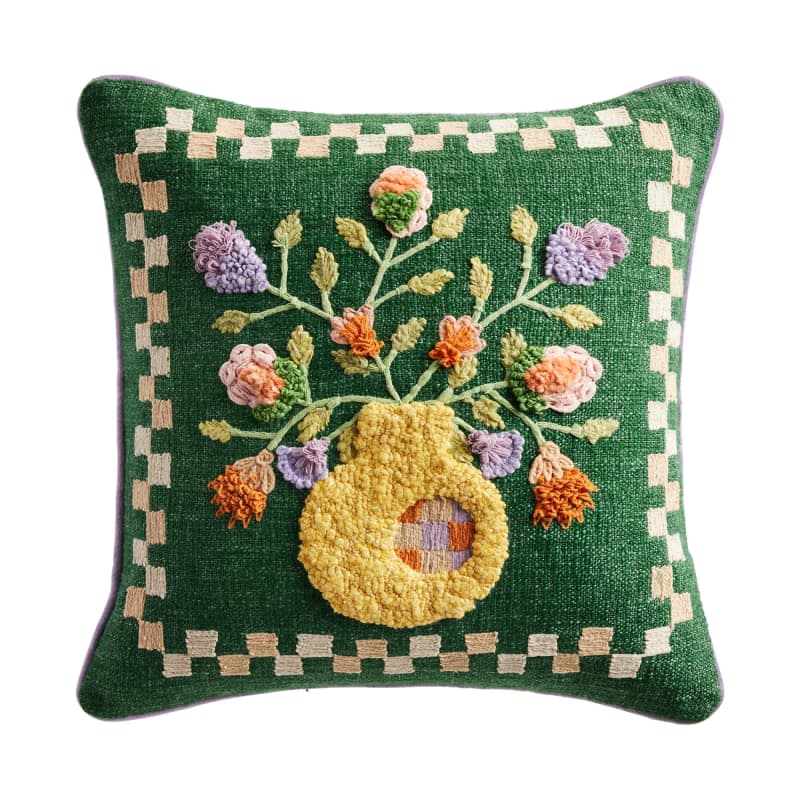 Kelly Green Embroidered Flower Vase Throw Pillow