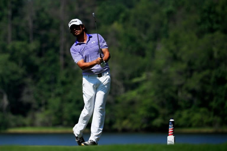 Martin Flores of the US plays his shot from the ninth tee during the first round of the Barbasol Championship, at the Robert Trent Jones Golf Trail at Grand National in Auburn, Alabama, on July 20, 2017