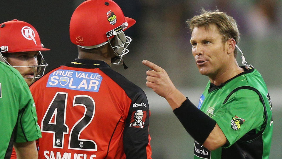 Shane Warne and Marlon Samuels, pictured here during a Big Bash match in 2013.