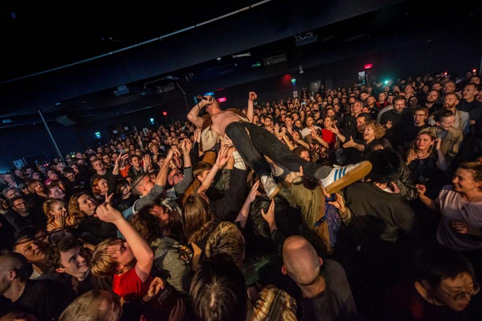 Saoudi, who says he is now more clean-living ‘by a long stretch’ than he was pre-pandemic, crowdsurfs during a 2019 gig in London (Valerio Berdini/Shutterstock)