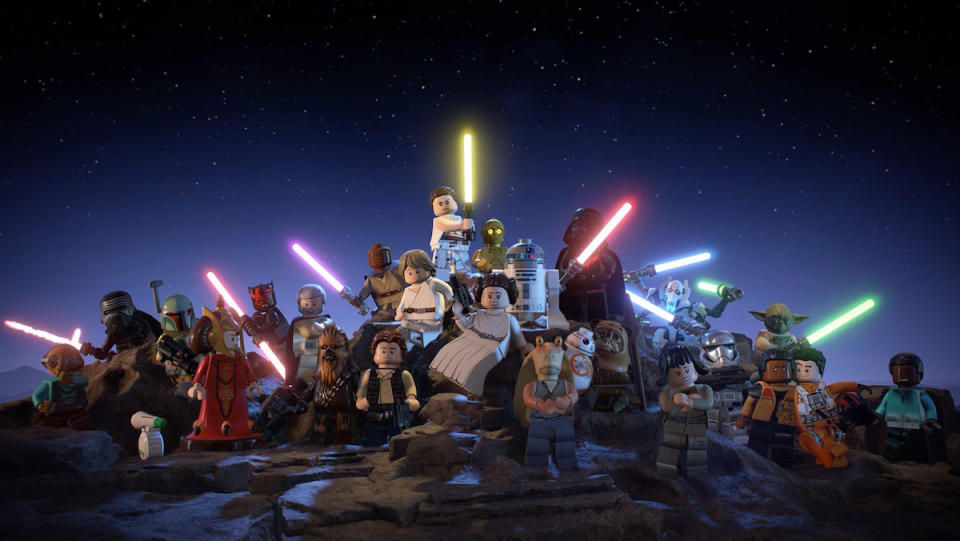 The main characters from the nine main Star Wars films all in LEGO form in a promo shot for the Skywalker Saga video game