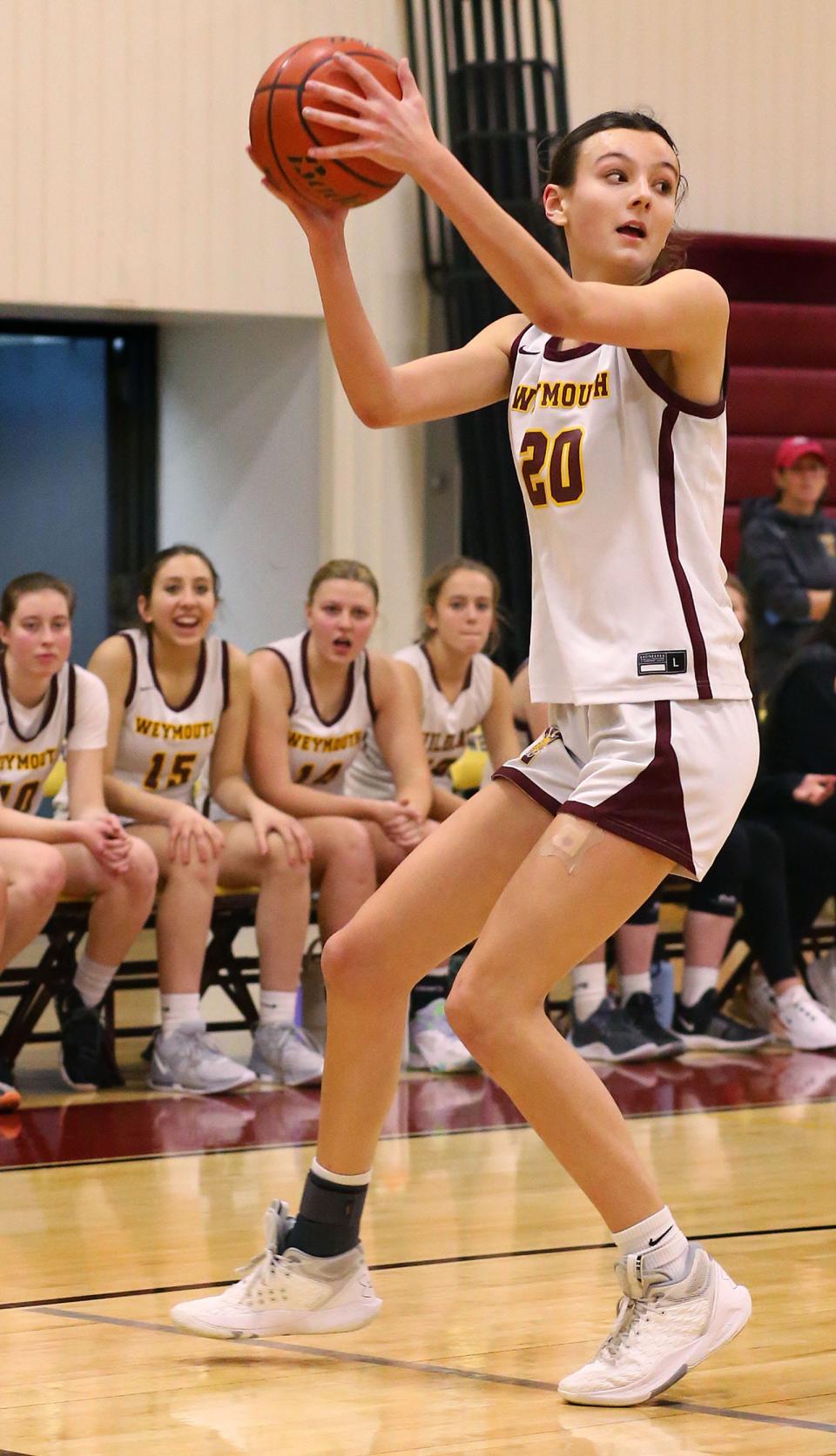 Weymouth's Callie Flynn grabs a rebound during a game against Milton on Friday, Jan. 5, 2024.
