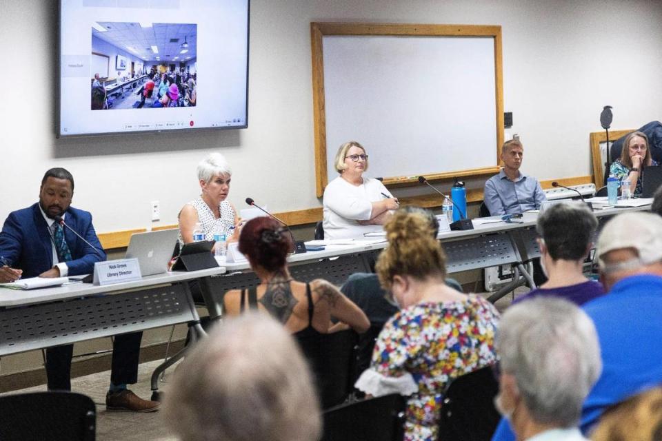 Meridian Library District’s board of trustees listen to public comment on Wednesday, Aug. 17, 2022.