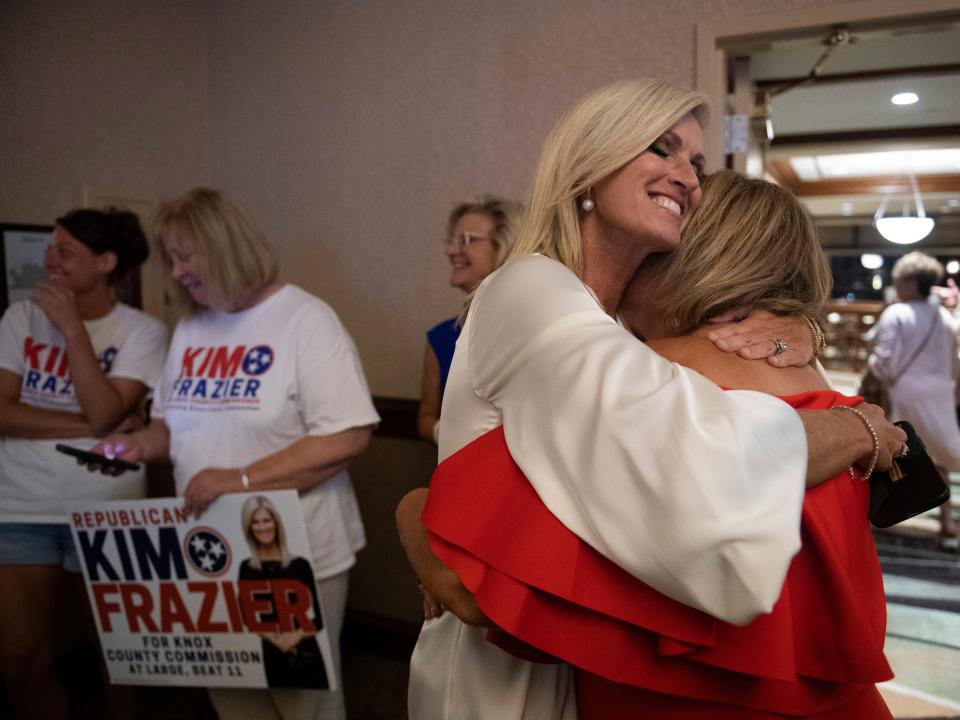 Kim Frazier, left, and Gina Oster celebrate at the GOP election party in Knoxville, Tenn after Frazier won At-Large Seat 11 of the Knox County Commission on Thursday, August 4, 2022. Oster won the seat for Knox County Commission District 3. 