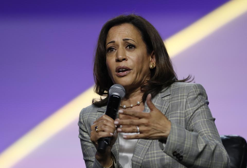 Democratic presidential candidate, Sen. Kamala Harris, D-Calif., speaks during a candidates forum at the 110th NAACP National Convention, Wednesday, July 24, 2019, in Detroit. (AP Photo/Carlos Osorio)
