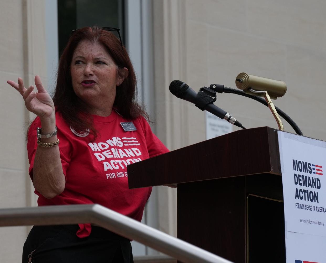 Morristown, NJ - May 13, 2023 —  Sandy Mayer, Morristown Council President and volunteer with Moms Demand Action addresses the rally. Moms Demand Action, part of the nonprofit organization Everytown for Gun Safety, hosted a "Mother's Day of Action" rally for gun control outside the Morristown Town Hall.