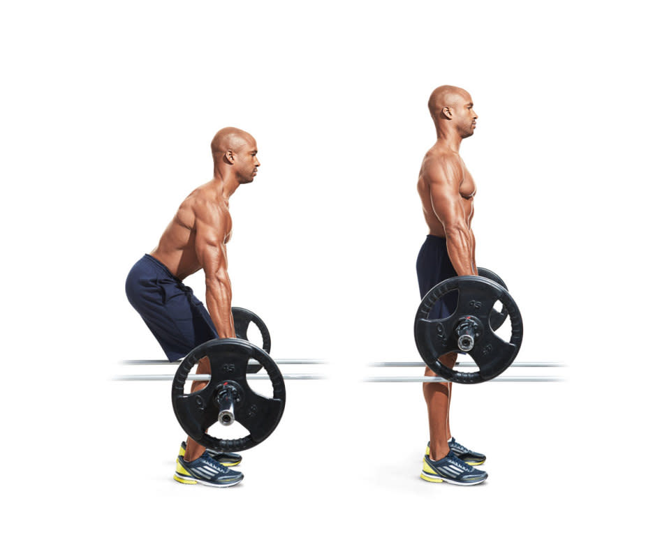 How to do it:<ul><li>Set up the bar on some mats, boxes, or the safety rods of a power rack so that it rests just below your knees.</li><li>Stand with feet hip width and, keeping your lower back in its natural arch, bend your hips back and grasp the bar just outside your knees.</li><li>Pull the bar into your body tightly, extend your hips and stand up.</li></ul>