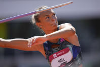 FILE - Anna Hall competes in the javelin throw for the women's heptathlon during the U.S. track and field championships in Eugene, Ore., Friday, July 7, 2023. (AP Photo/Ashley Landis, File)