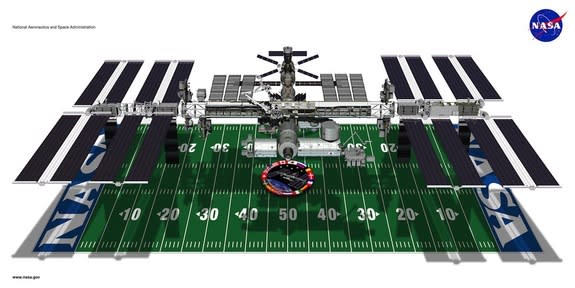 Including its solar arrays, the International Space Station's length and width is about the size of a football field.