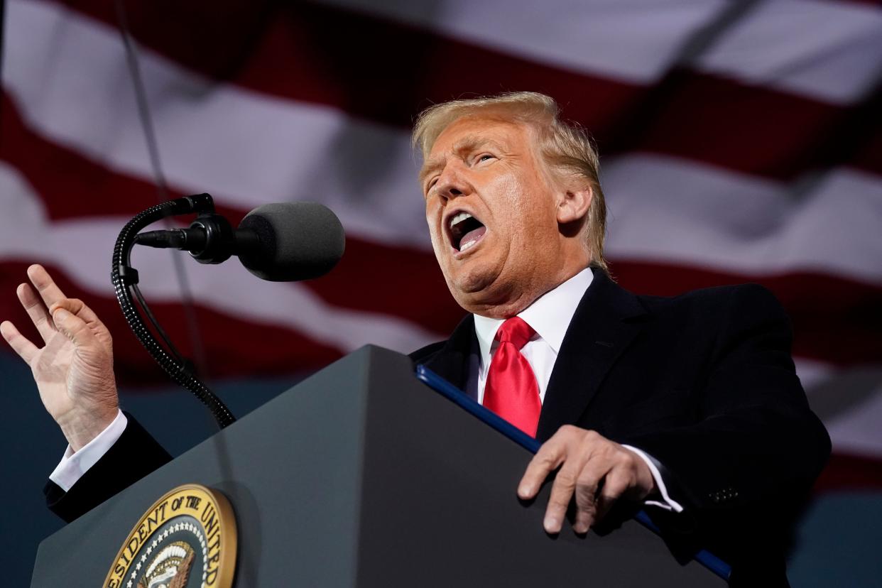 President Donald Trump speaks at a campaign rally at Des Moines International Airport, Wednesday, Oct. 14, 2020, in Des Moines, Iowa. (AP Photo/Alex Brandon) (AP)