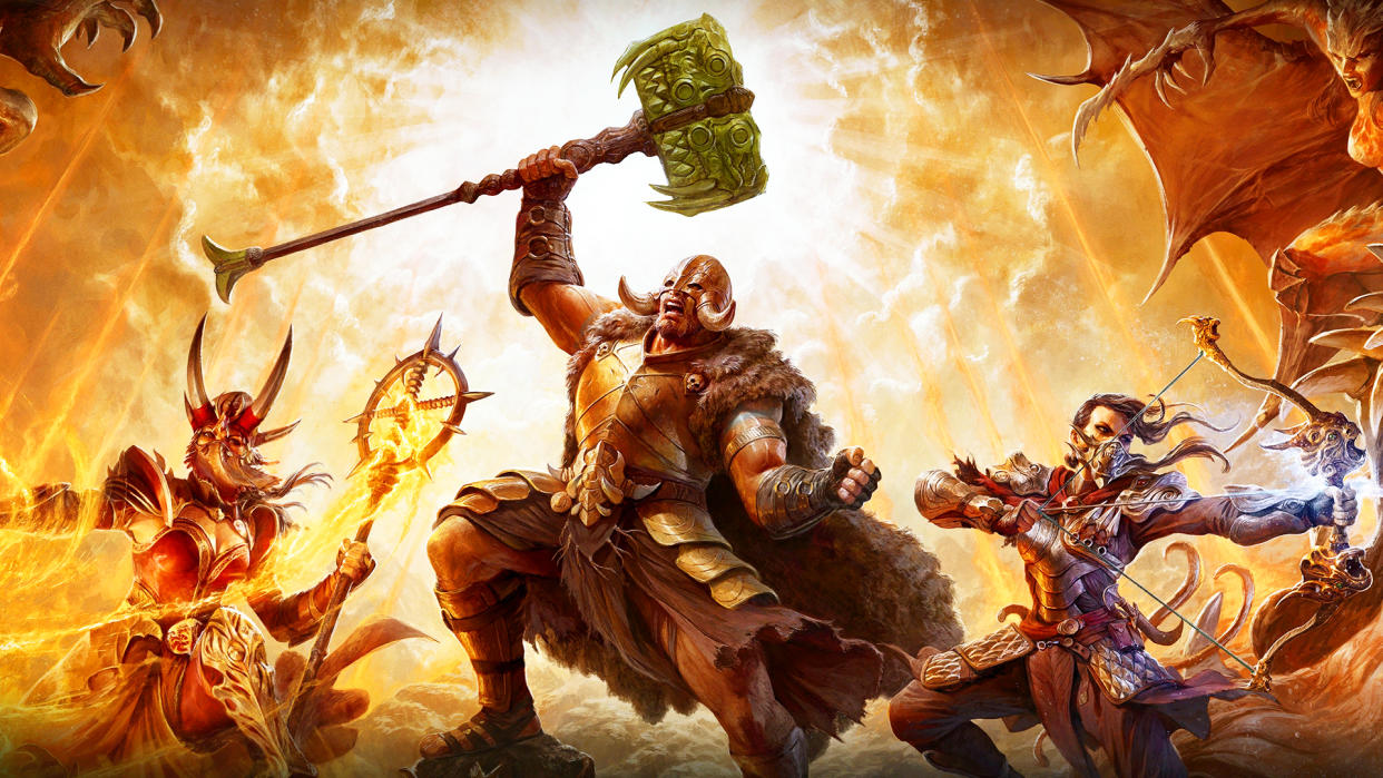  Diablo 4 season 4 loot reborn key art of a barbarian rogue and sorceress on a bright background. 