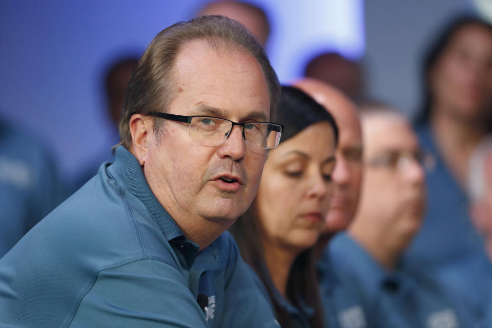 FILE - In this July 16, 2019, file photo, Gary Jones, United Auto Workers President, speaks during the opening of their contract talks with Fiat Chrysler Automobiles in Auburn Hills, Mich. The United Auto Workers and the U.S. attorney's office in Detroit say they have reached a settlement with the goal of reforming the union in the wake of a wide-ranging bribery and embezzlement scandal. Former UAW President Dennis Williams pleaded guilty in September 2020 in the government’s investigation, and his successor as president, Jones, pleaded guilty in June. (AP Photo/Paul Sancya, File)
