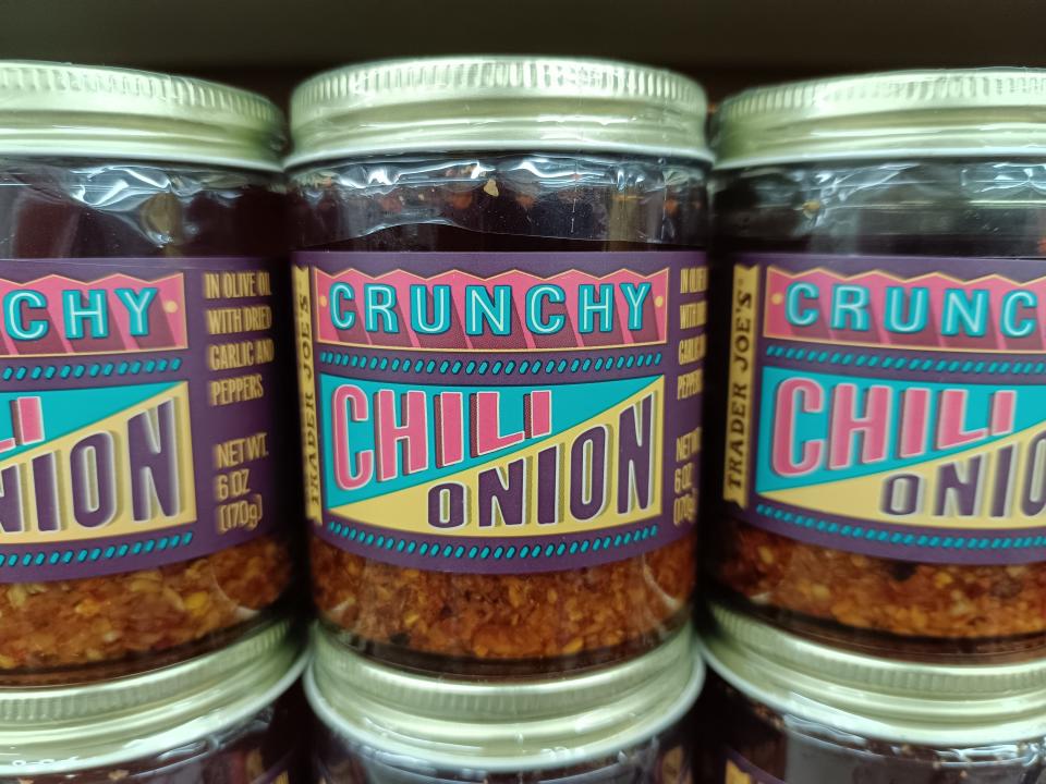 stacked jars of chili onion crunch at Trader Joe's