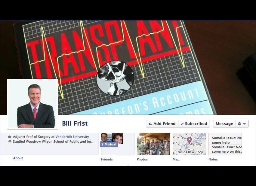 Former Senate Majority Leader (R-Tenn.) and surgeon <a href="http://www.facebook.com/bill.frist" target="_hplink">http://www.facebook.com/bill.frist</a>