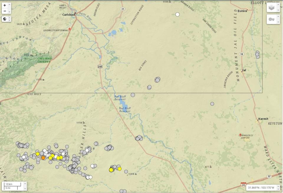 A map of magnitude 2.5 earthquakes reported along the Texas-New Mexico border in 2021, per the U.S. Geological Survey.